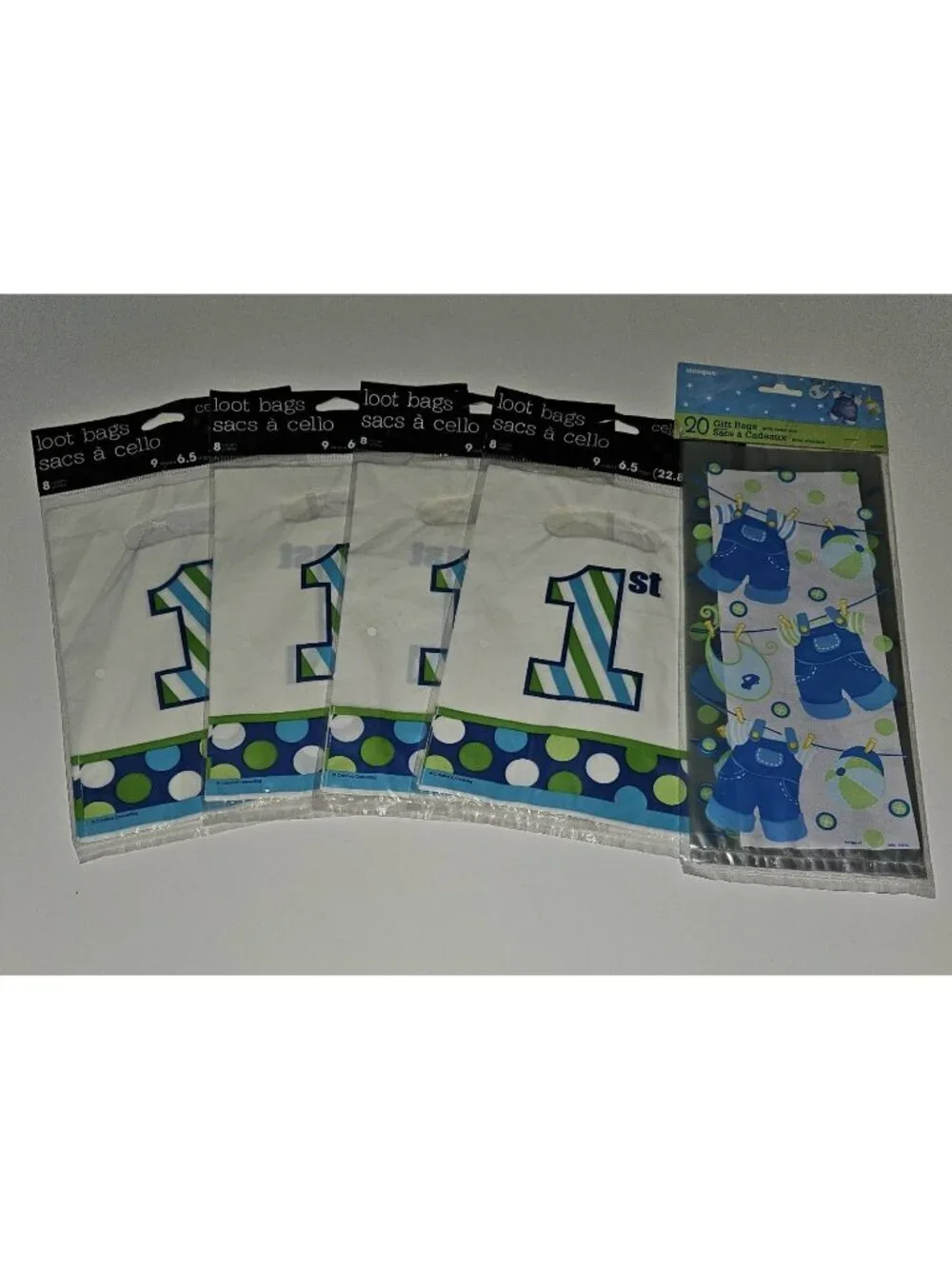NEW Baby Boy 1st Birthday Loot Gift Bags Blue Green Overalls Bibs Baby Shower